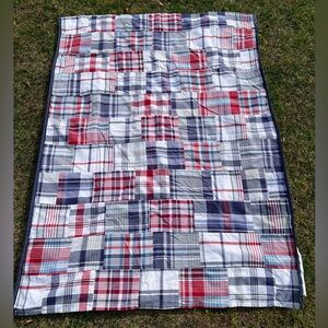 Pottery Barn Kids Plaid Patchwork Curtain Panel Set Red Whte Blue Blackout 44x63
